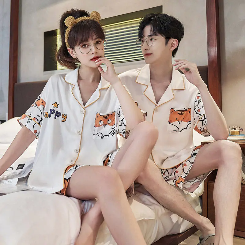 High-end couple pajamas, women's ice silk short sleeves, cute cartoon thin imitation silk loungewear men's set