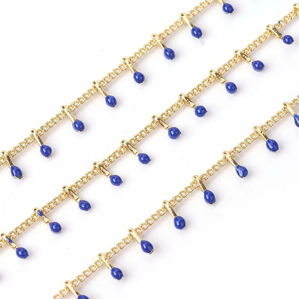 

1m Handmade Enamel Beaded Chains with Brass Curb Chains Soldered Long-Lasting Plated Real 18K Gold PlatedDark Blue 5.5x1.5~2mm