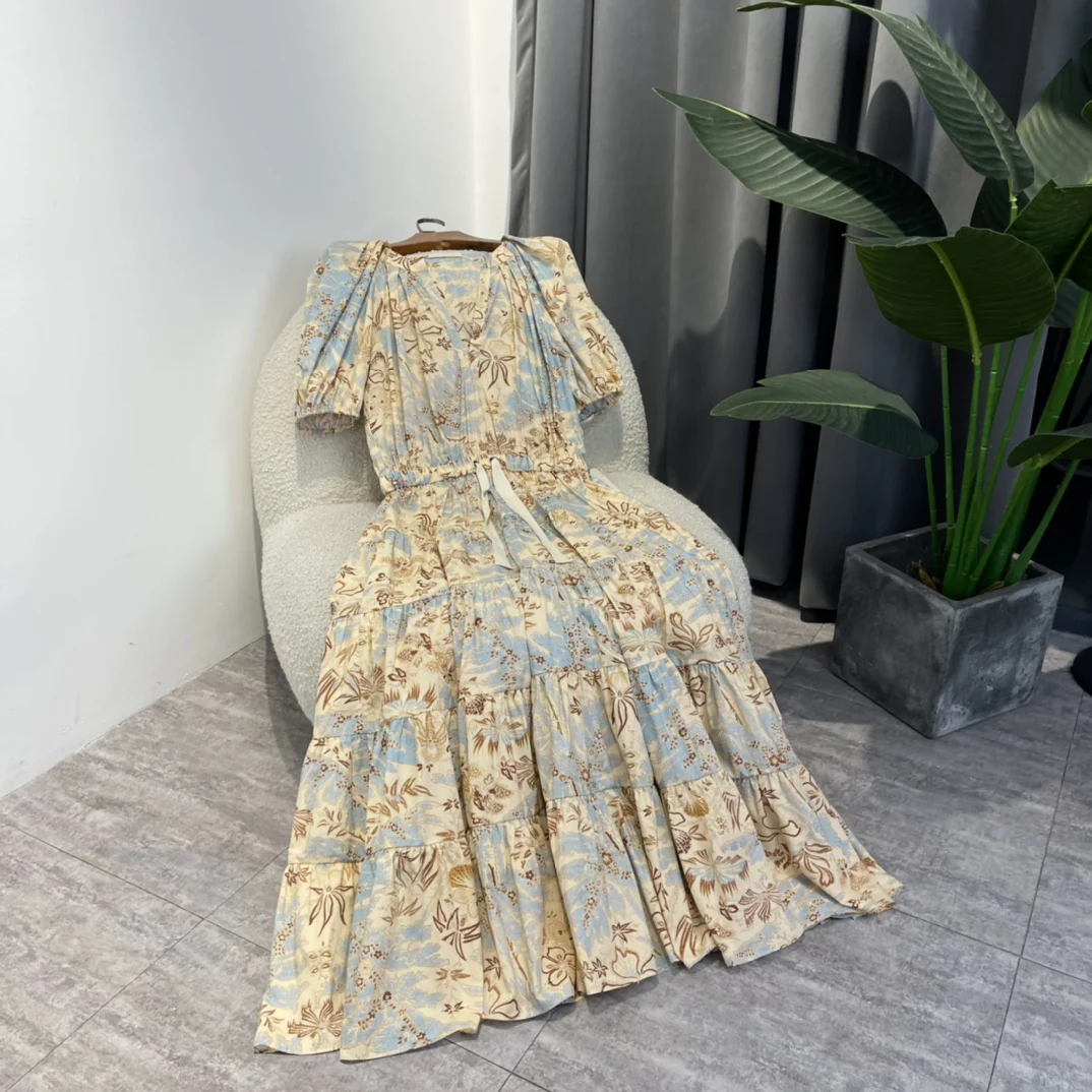 

Latest 2023 Summer Cotton Vintage Long Women Dress for Holiday Top Quality Floral Blue Leaf Print Half Sleeve Clothes