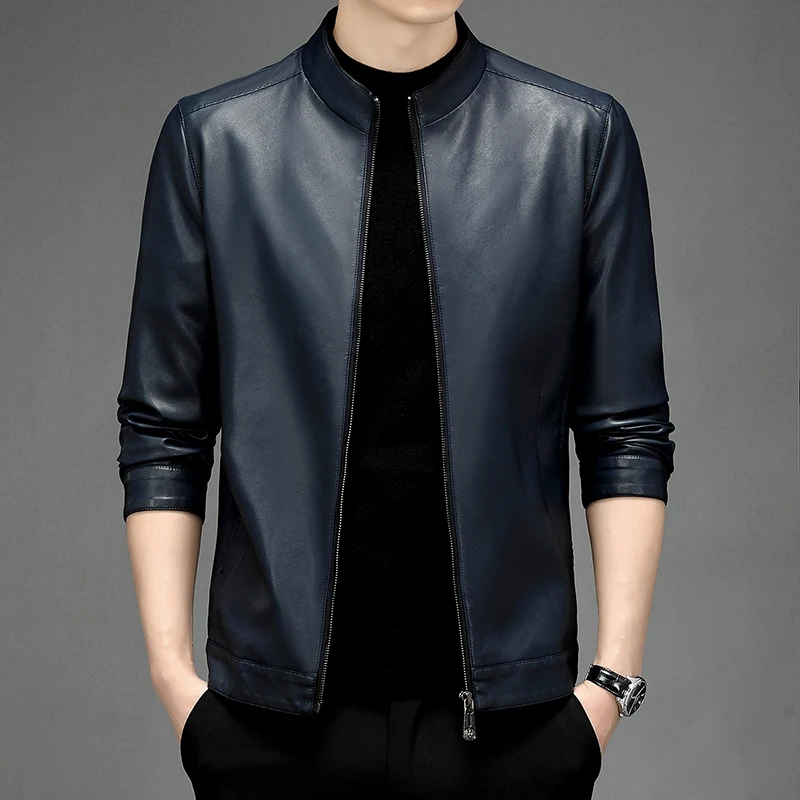 

Spring and Autumn Men's Thin Style Young and Middle-aged Standing Collar Leather Jacket Casual Coat Top