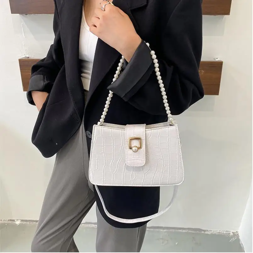 

Female Single-Shoulder Bag, Multipurpose Pearls Handbag Tote Bag for Ladies, White/Khaki