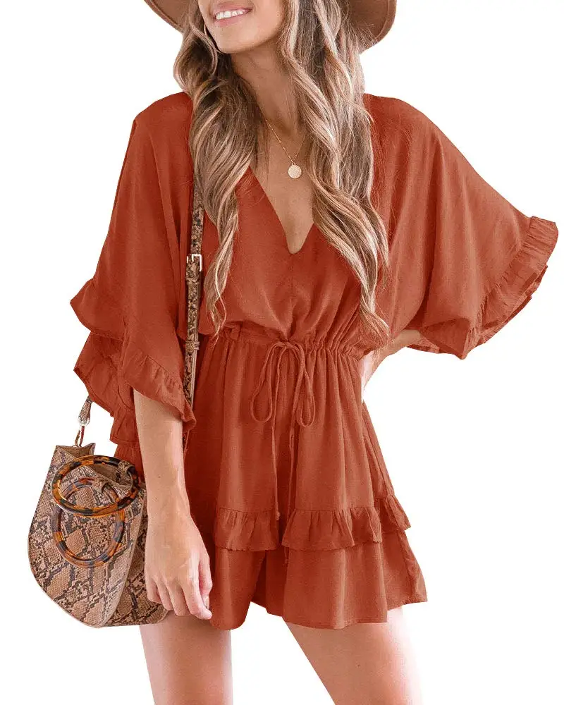 

Womens V Neck Beach Romper Ruffle Layered Drawstring Waisted Shorts Jumpsuit