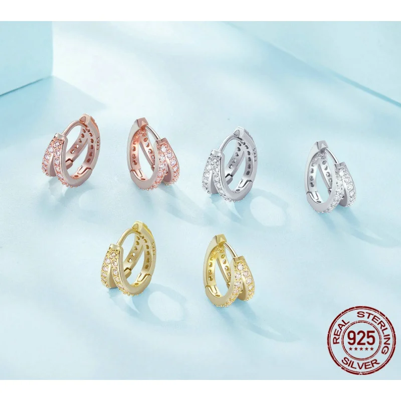 

Women's Zircon Crystal Double Ring Earrings 925 Sterling Silver Classic Geometric Earrings 3 Colors