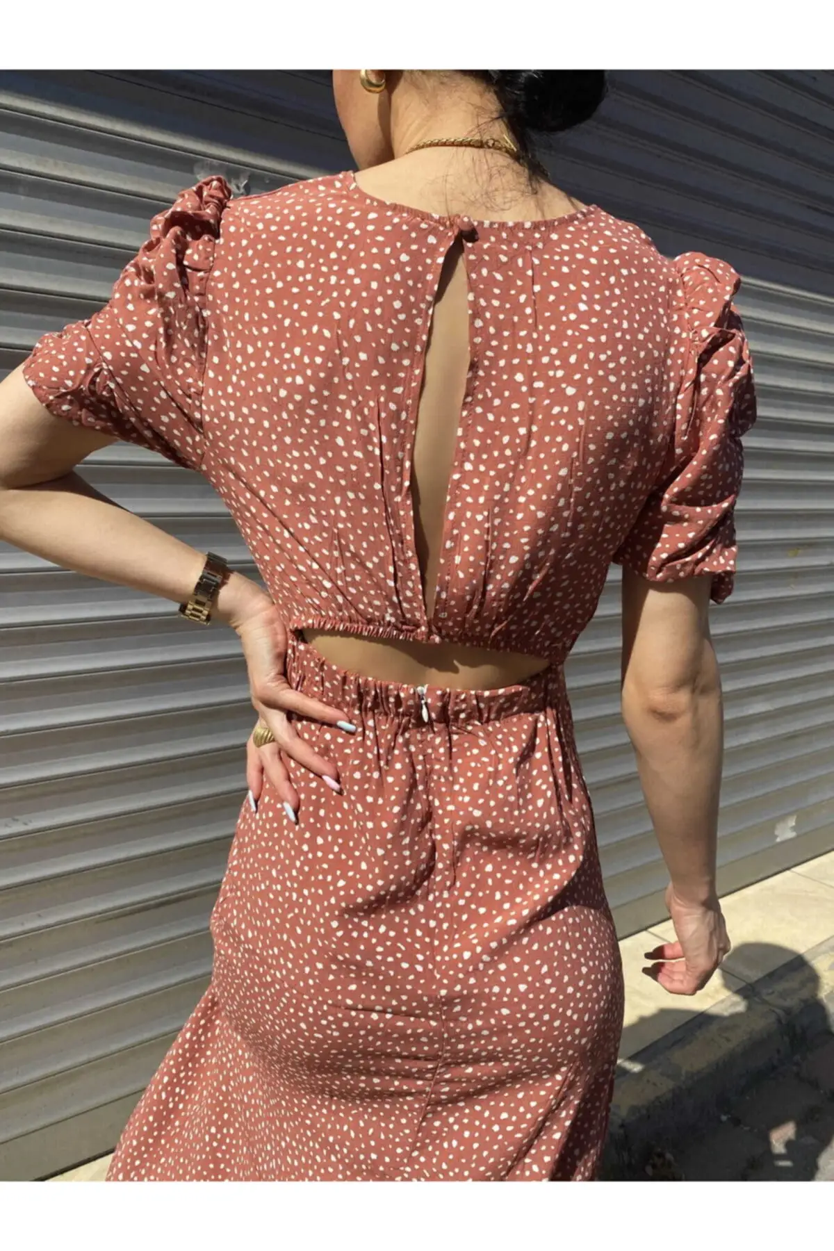 Платье в горошек из ЭВА вискоза молния короткий рукав тренд оранжевый