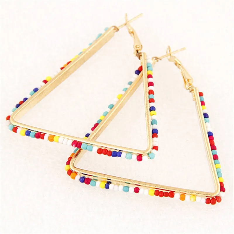 

Women Hoop Earrings Big Triangle Colorful Beads Ear Studs Fine Stylish Girl Jewelry Aesthetic Designer Eardrop Metal Accessories