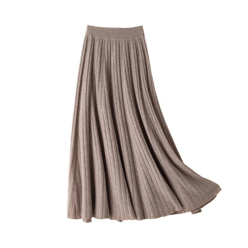 And Autumn Winter New Knitted Wool Fashion Versatile Medium Length Solid Color Temperament Pleated Skirt B004