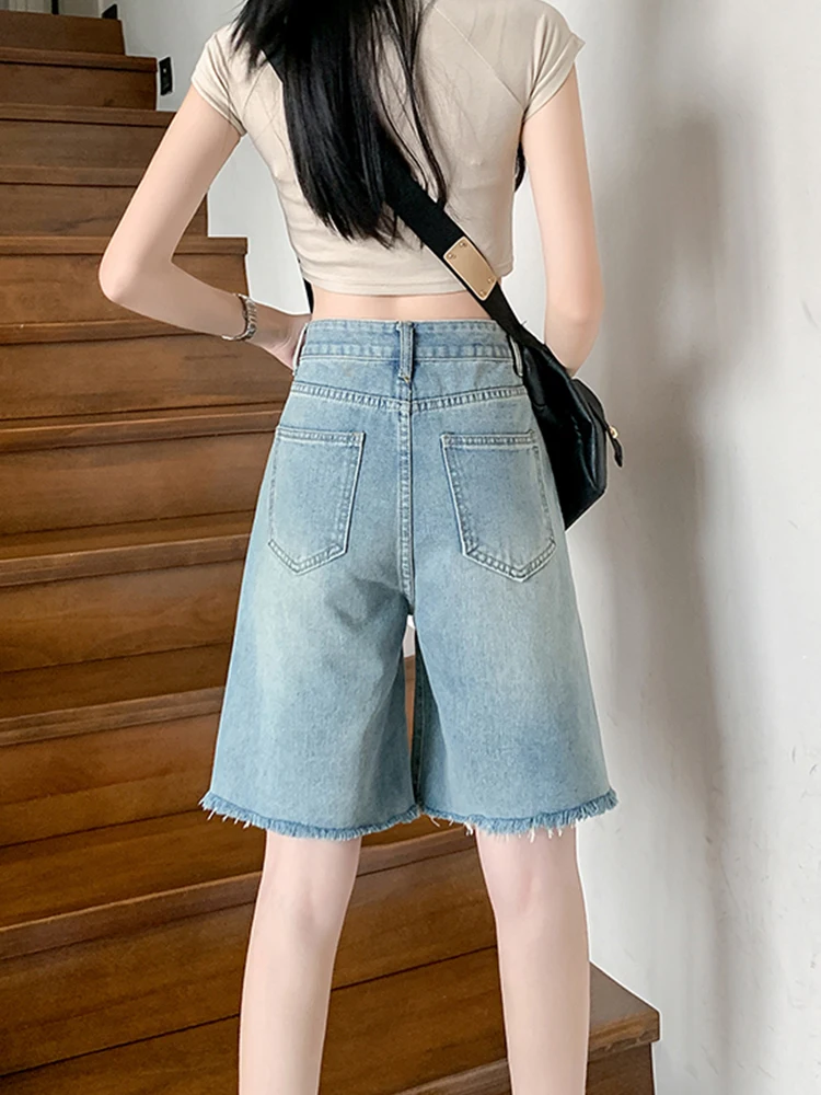 Streetwear Women High Waist Hole Frayed Retro Denim Shorts Spring Summer Female Wide Leg Raw Hem Jeans Shorts Bottoms