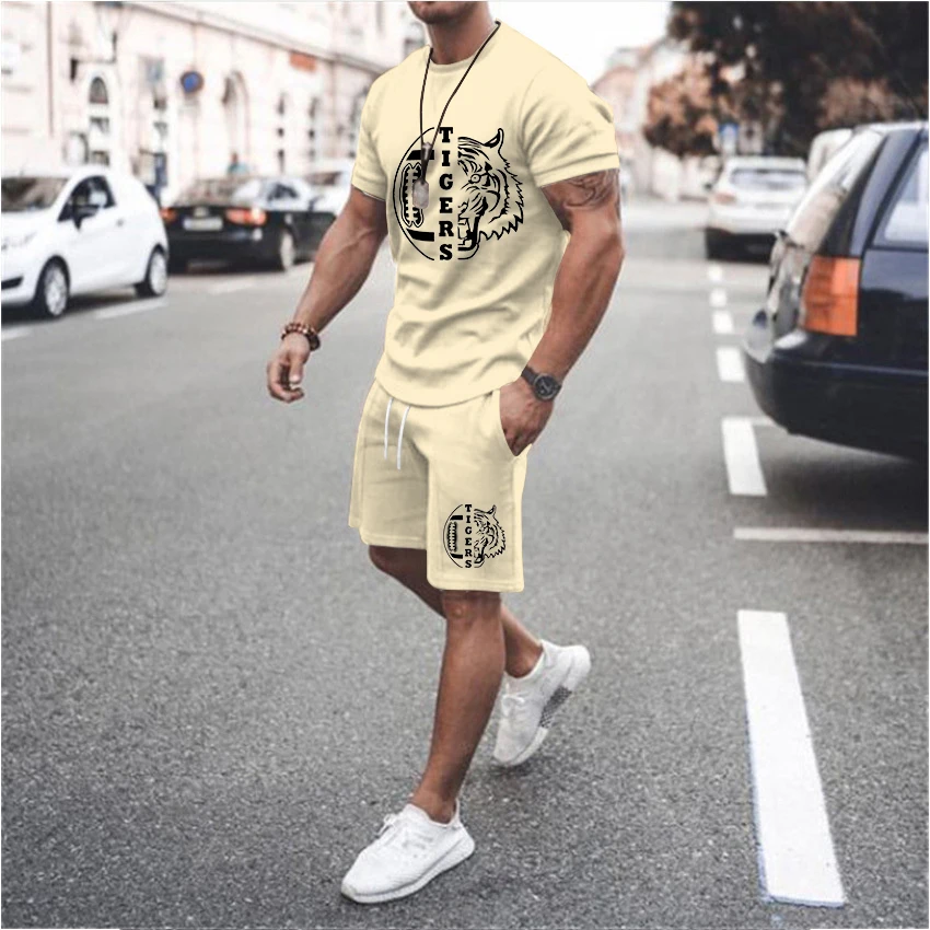Tiger Head Print Tracksuit 2 Piece Set for Men Pure Cotton High Quality Sportswear Man's Summer Travel Suit Pullover Sweatshirts