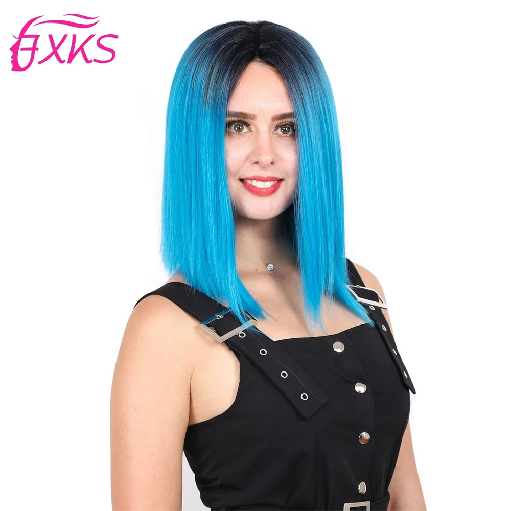 

FXKS Synthetic Lace Front Bob Wigs Ombre Blue Straight Hair Short Lace Front Wigs Gold 613 Natural Black Middle Part Lace Wigs