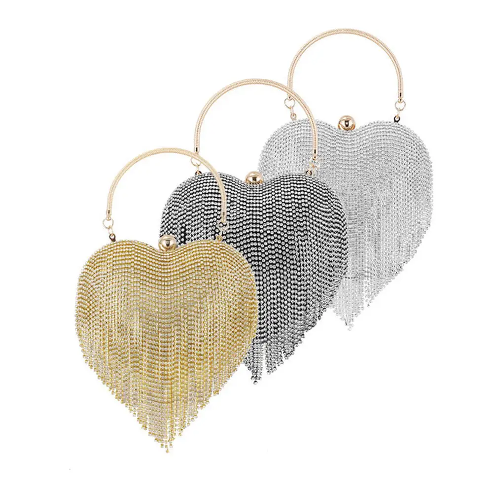 

Heart Shape Rhinestone Evening Bag Tassel Silver Clutch Womens Fashion Diamond Banquet Clutch Purse Wedding Bridal Prom Wallets