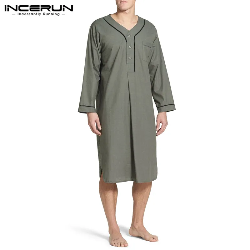 INCERUN New Men Long Sleeve Sleep Robes Homewear V Neck Button Cozy Bathrobe Casual Hot Sale Pajamas Nightgown Loungewear S-5XL