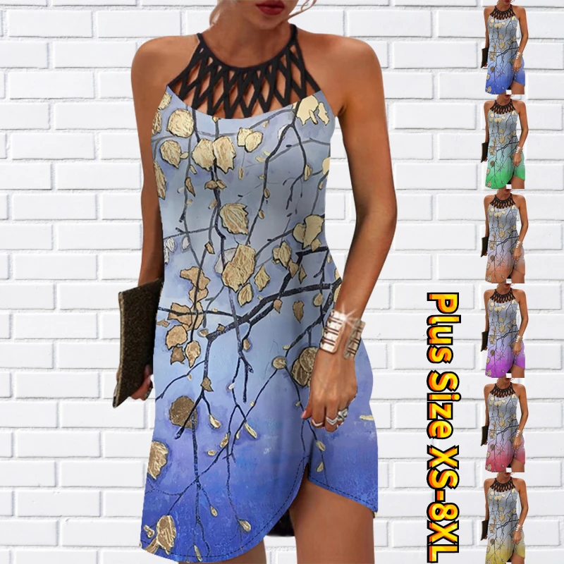 

2023 New Design Print Knee-length Skirt Summer Dress Slim Dress Fashion Dress Women's Everyday Street Crew Neck Dress XS-8XL