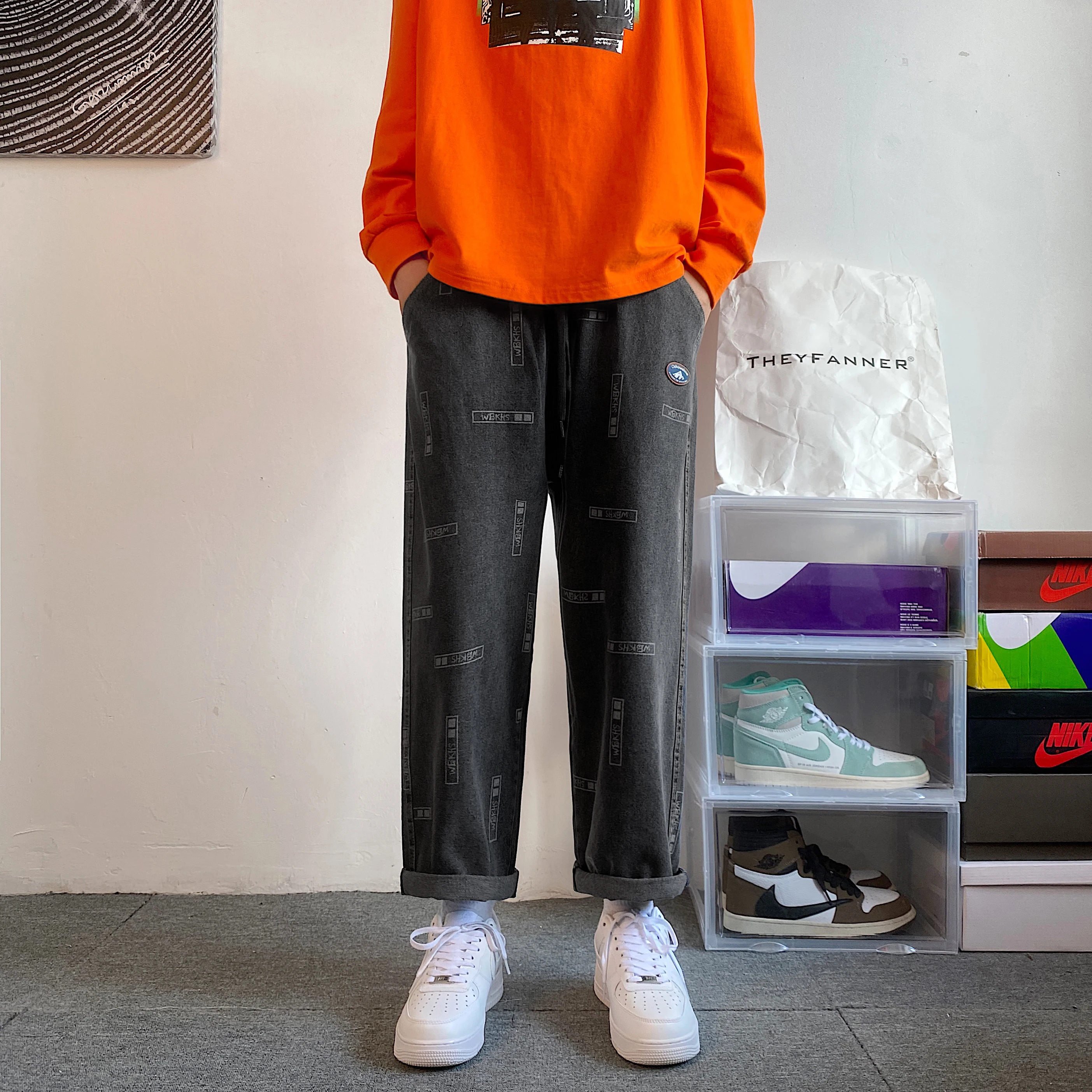 High Street Letter Print Straight Baggy Black Jeans For Men Casual Korean Fashion Denim Trousers Y2K Streetwear Clothings