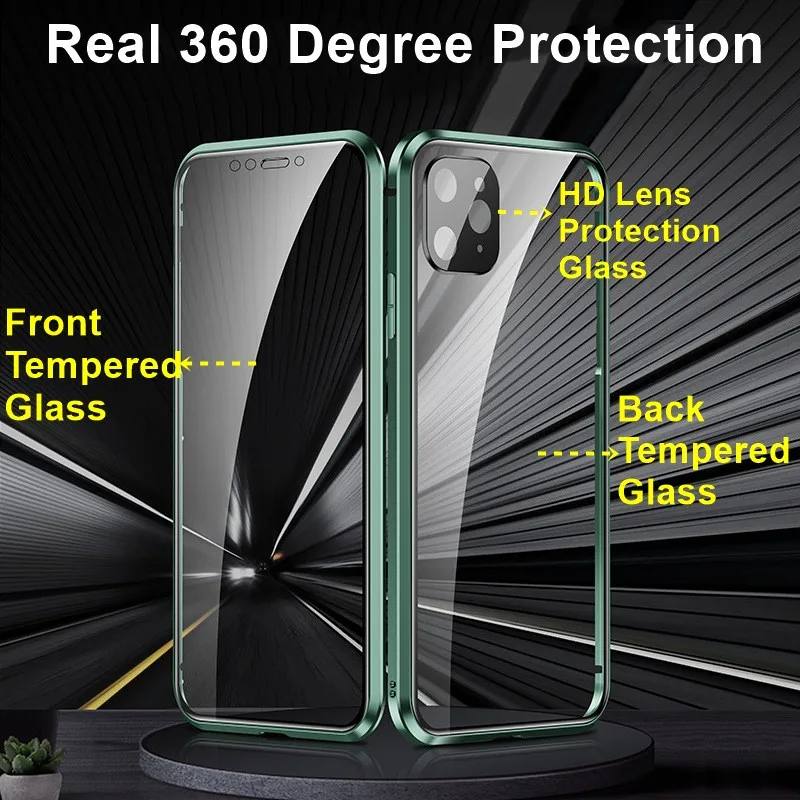 360 Magnetic Adsorption Metal Case For iPhone 14 11 12 13 Pro Max 12 13 Mini Double Sided Glass Cover Camera Lens Protector Film