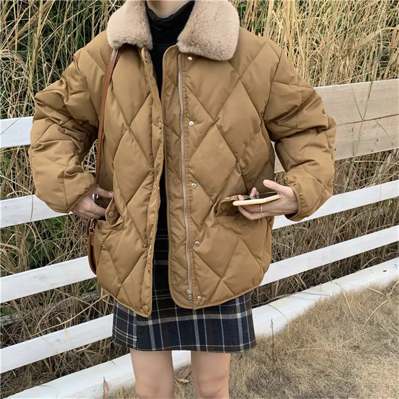 Winter Cotton Coat 2022 Diamonds Women Thick Warm Loose Jacket Fur Collar Casual Fashion Womens Outerwear Feminina New Parkas