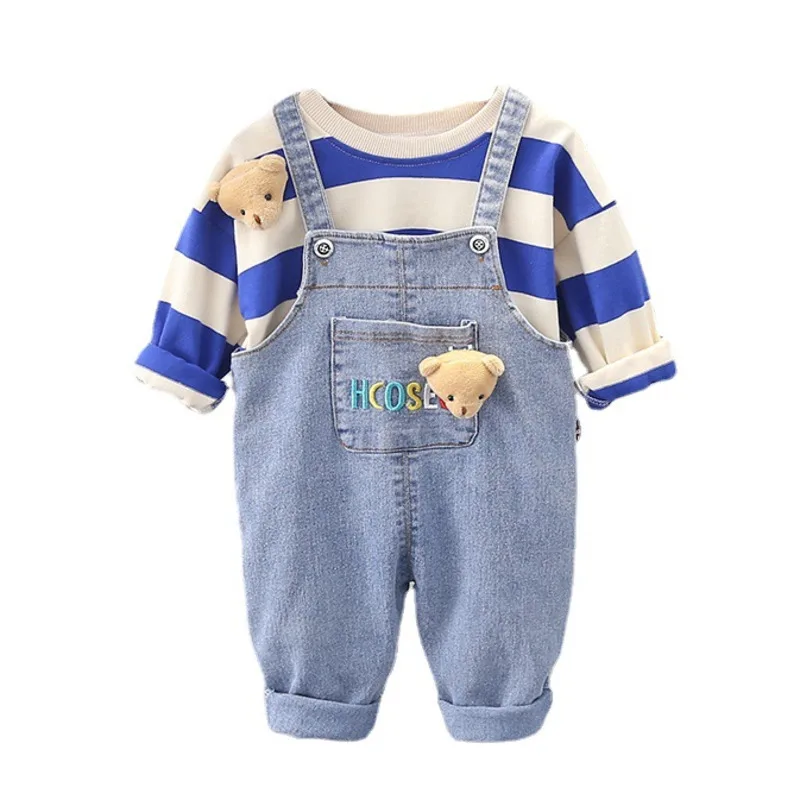 

New Spring Autumn Baby Girls Clothes Suit Children Boys Striped T-Shirt Overalls 2Pcs/Set Toddler Casual Costume Kids Tracksuits
