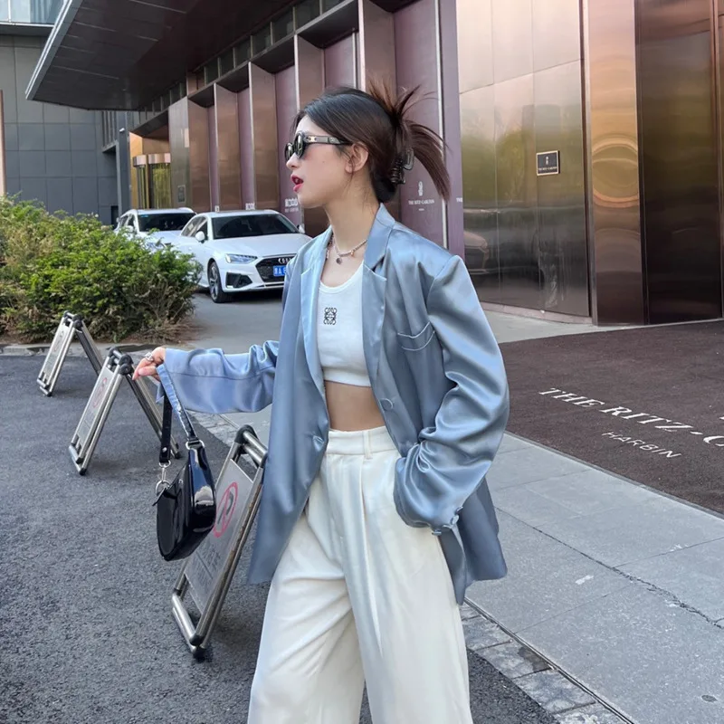 

Women Blue Casual Satin Silky Blazers New Lapel Long Sleeve Loose Fit High Quality Suit Jacket Fashion Spring Autumn Ropa Mujer