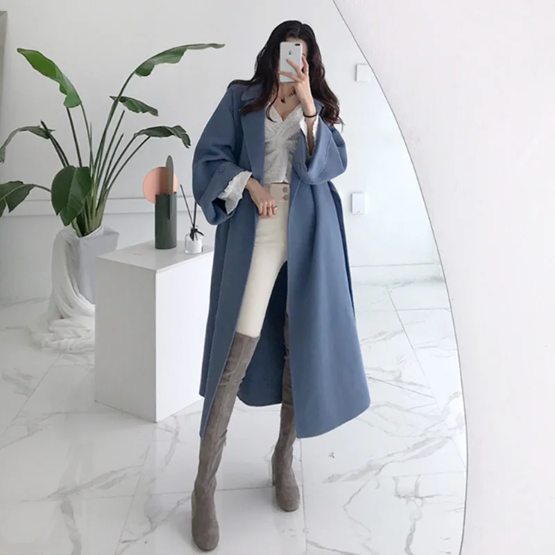 

Women 2022 Spring Autumn Long Sleeve Casual Vintage Belt Long Wool Blend Coat Female Warm Wool Overcoats Woolen Outerwear M35