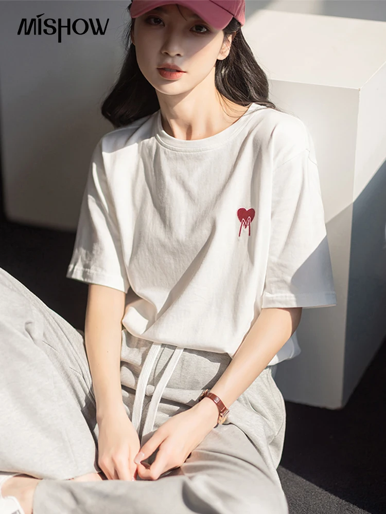 

MISHOW 2022 Summer New Women's T-shirt Love Embroidery Short-sleeved Female 100% Cotton Casual Loose Office Lady Top MXB22T0335