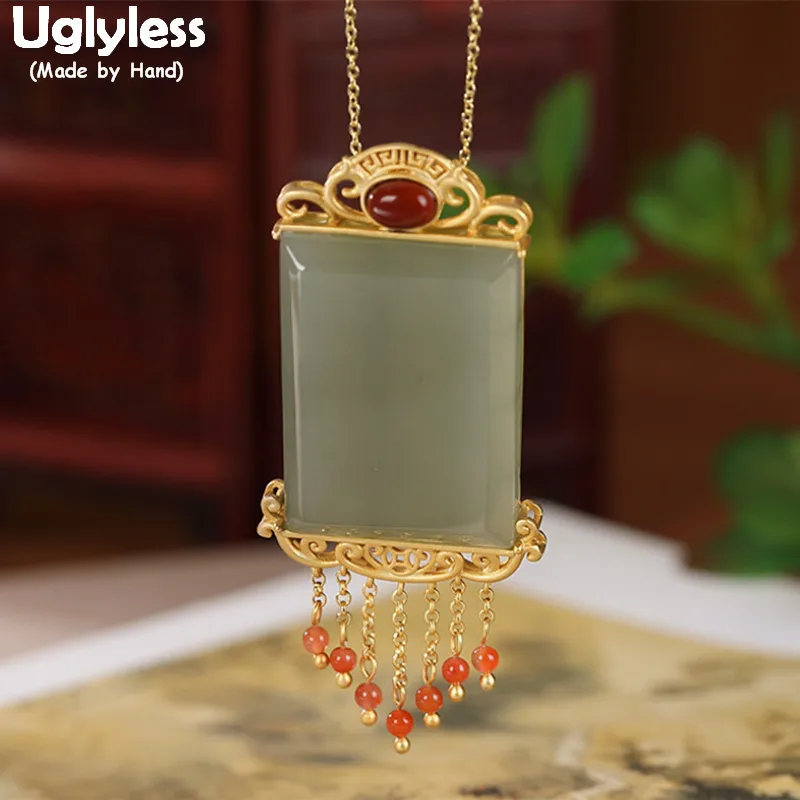 

Этнические украшения Uglyless ничто не произойдет, большой размер, Нефритовый квадрат, искусственная цепь 925, подвеска с кисточками, золотые укр...