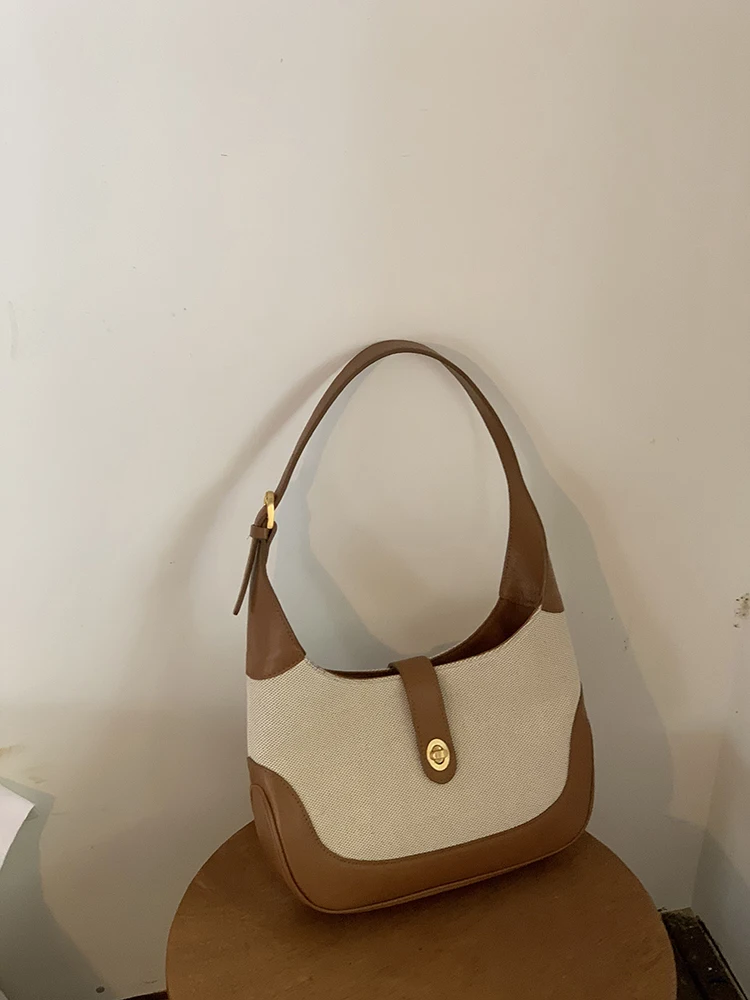 

2022 spring and summer new bag retro French canvas stitching shoulder underarm bag contrast color handbag