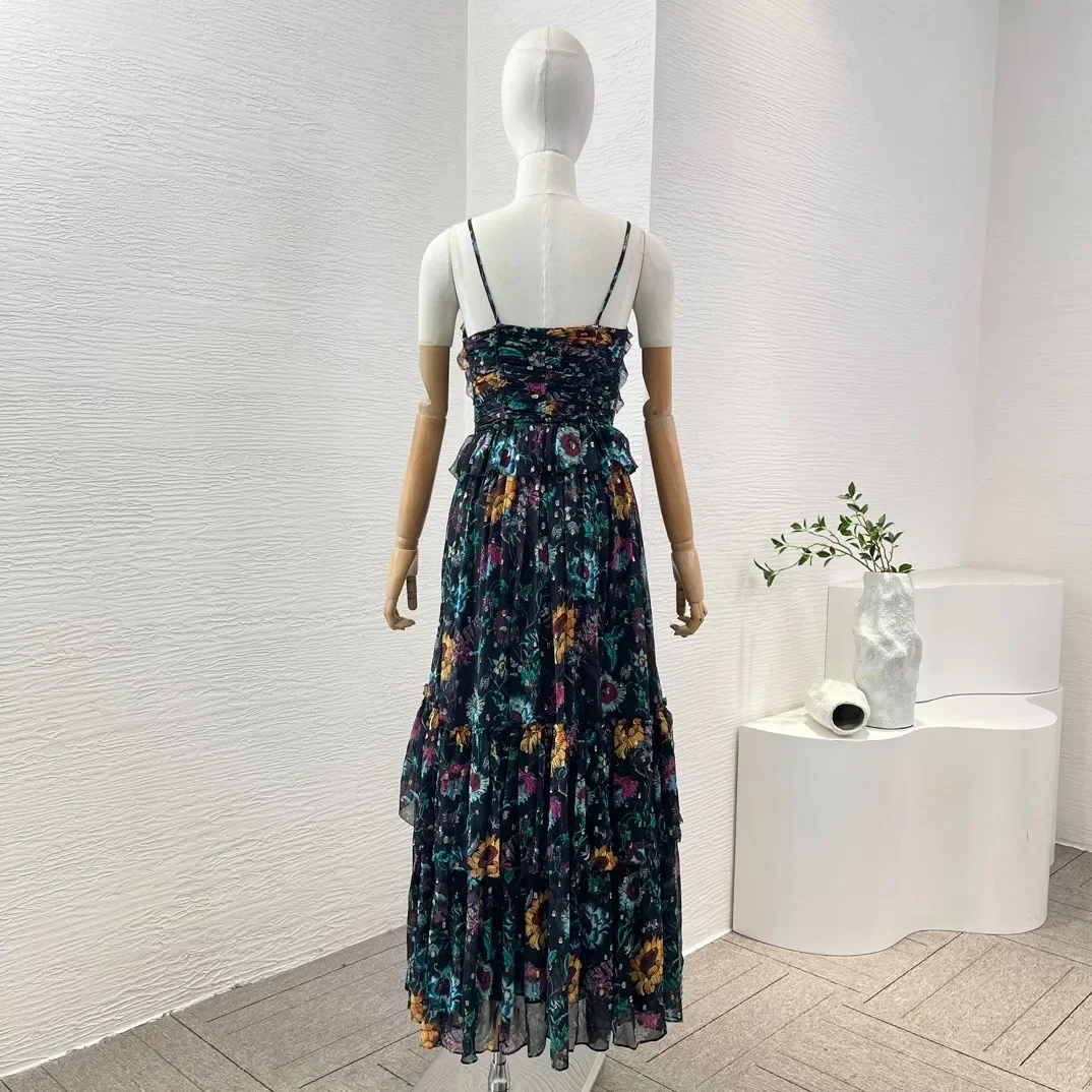 Женское винтажное платье макси черное с цветочным принтом оборками без бретелек