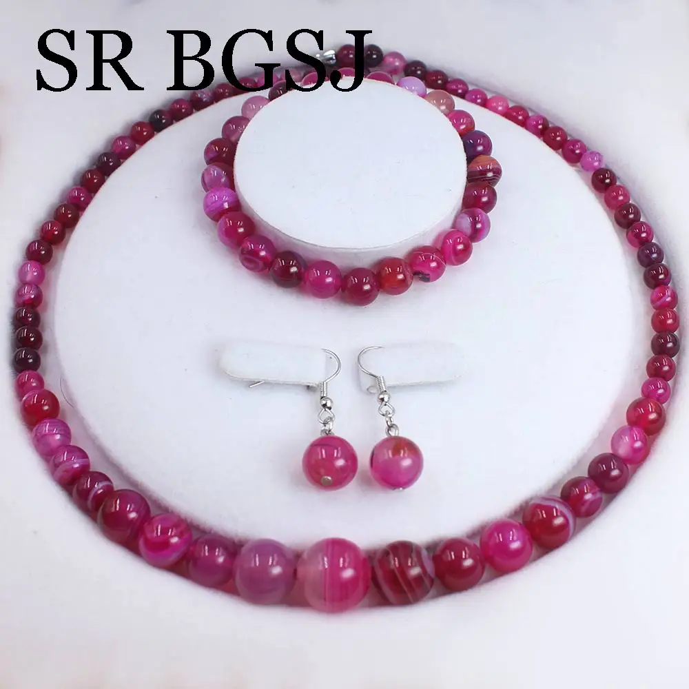 

Free Ship Natural Plum Banded Agat Stone Chockers Graduated Necklace Bracelet Hook Earring Women Jewelry Set