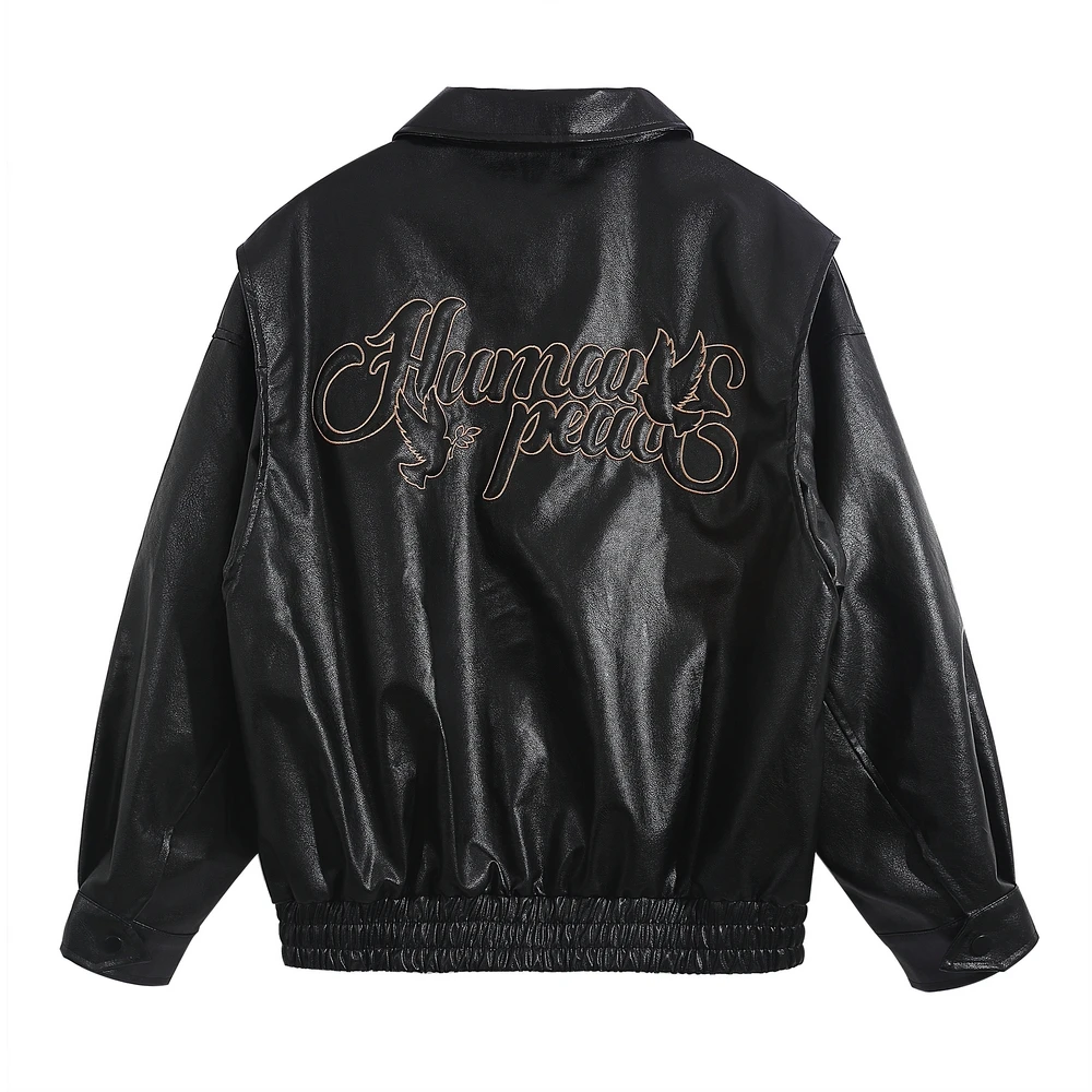 

Letter Embroidery Pu Leather Jacket Mens Autumn Winter Lapel Zipper Outerwear High Street Loose Casual Baseball Jacket For Men