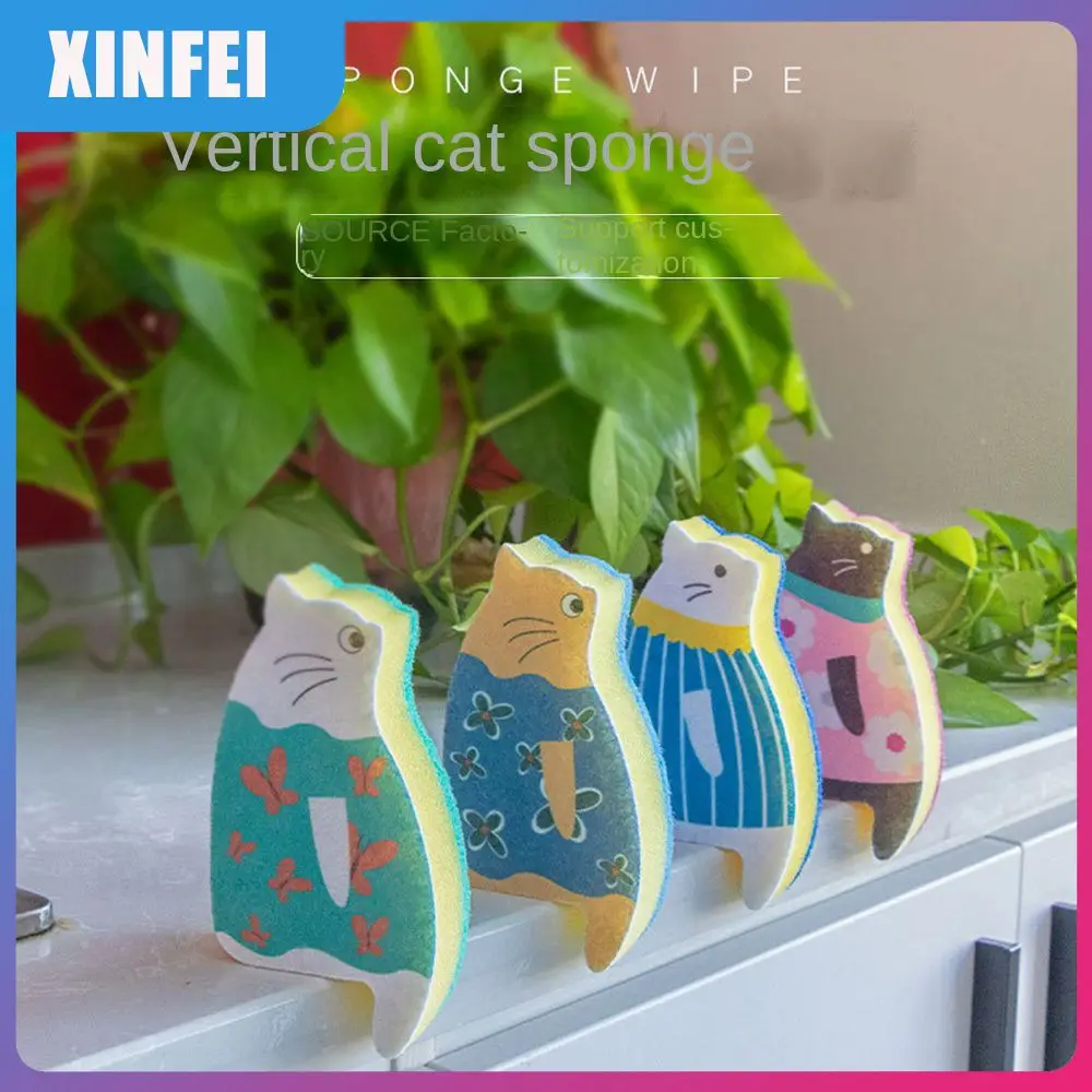 

Clean All Directions Cartoon Dishwashing Cloth Pressure Resistance Double-sided Kitchen Sponge Brush Durability Cat Sponge Wipe