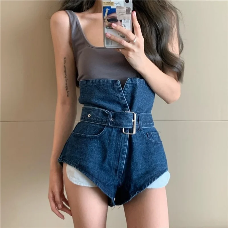 

2023 New Blue Wide-legged High-waisted Denim Shorts Straight and Loose Thin A-line Wide-leg Cotton Jeans Coating Shorts Summer