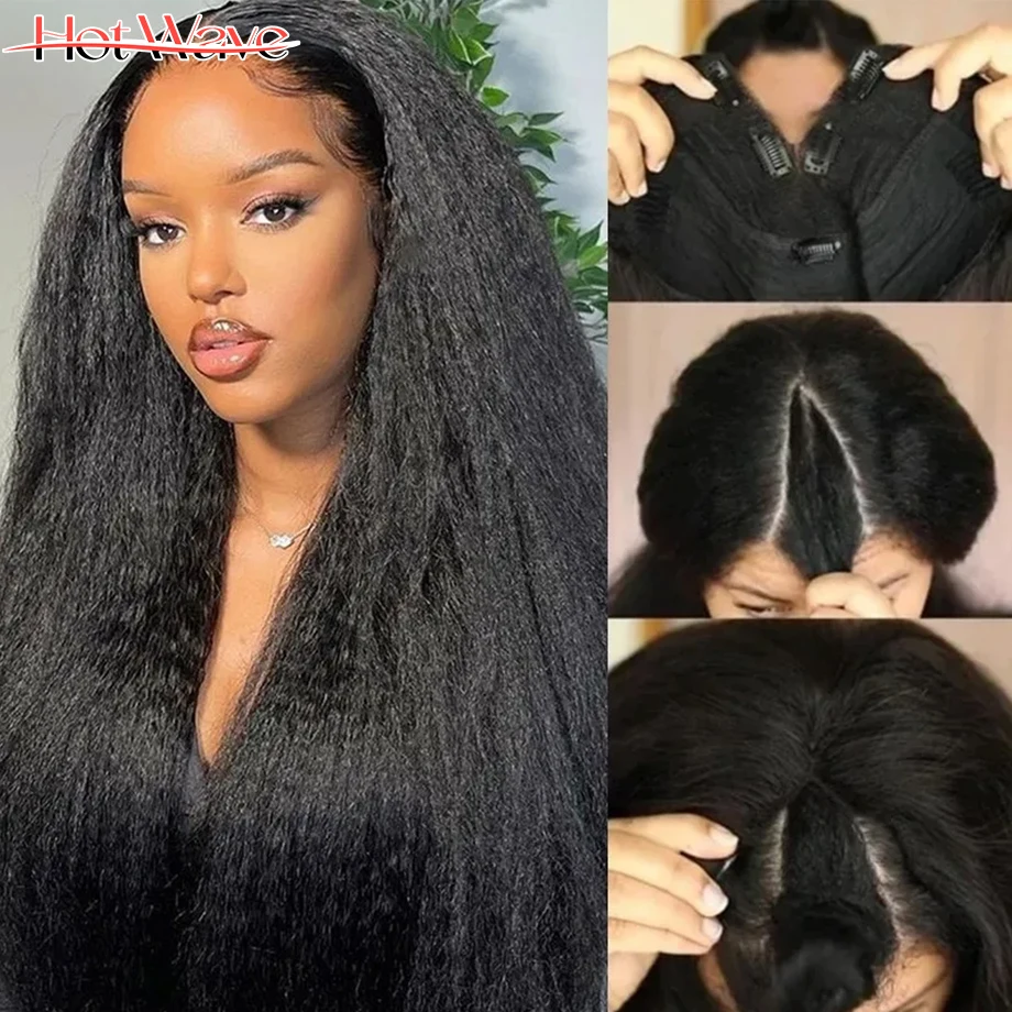 

Kinky Straight V Part Wig Human Hair Glueless Yaki Straight Human Hair Wigs For Women 180% Full Machine Made Wig Hotwave