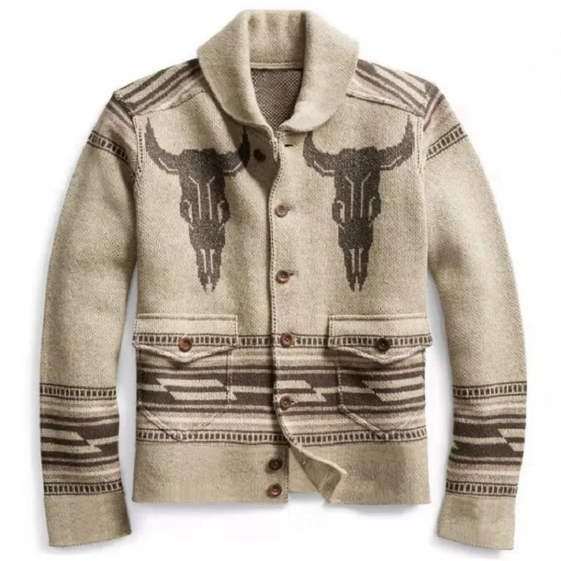 

Wepbel Long-Sleeved Lapel Cardigan Sweater for Men Jacquard Knitted Sweaters Coats Jacket Single-breasted Outwear Sweater Coats