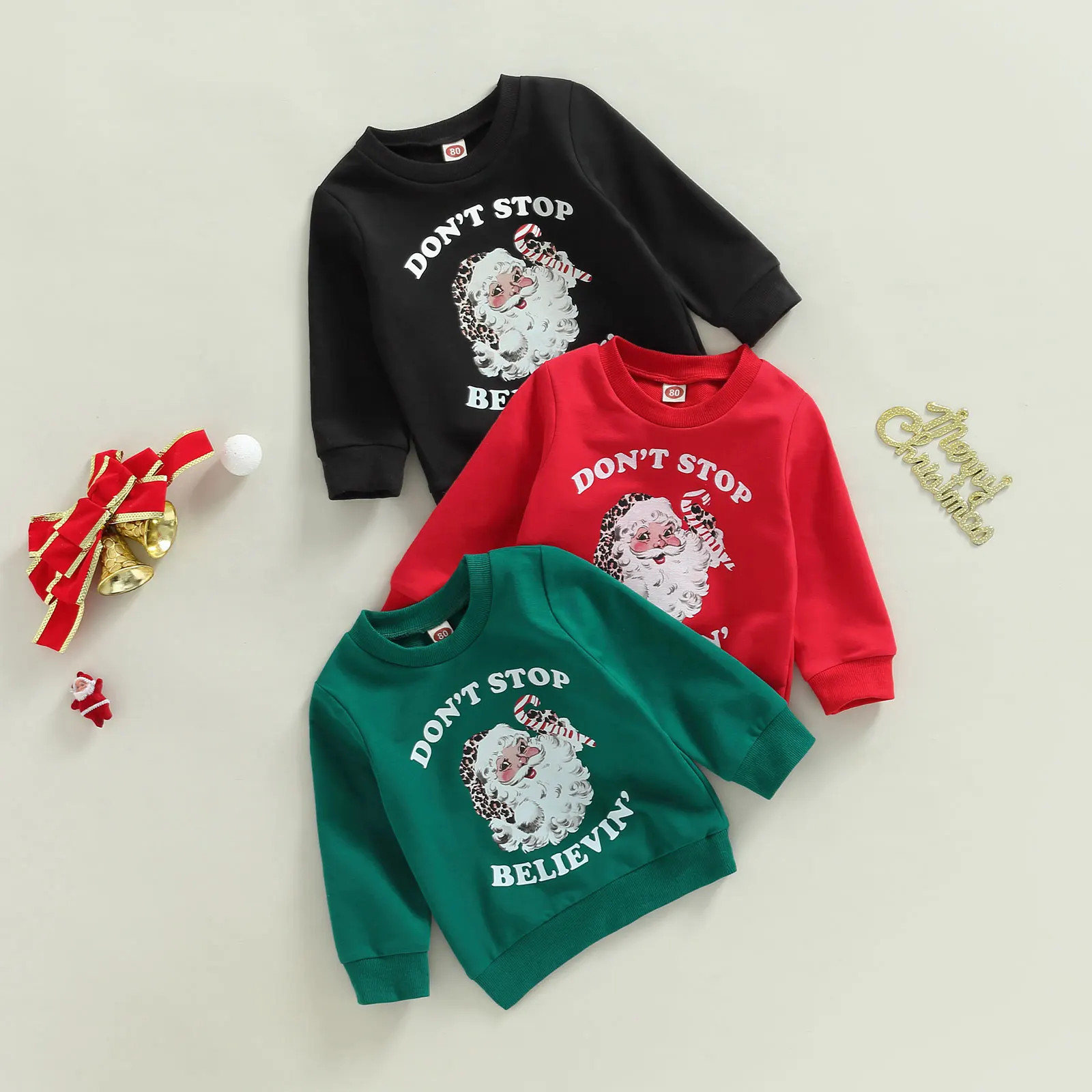 

Рождественский свитшот для маленьких мальчиков и девочек, рубашки с длинным рукавом и надписью «Don't Stop Believe» для маленьких детей