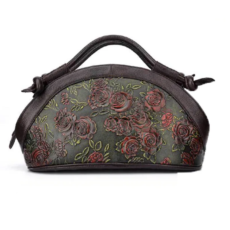 New Vintage Genuine Embossed Leather Handbag Rose Pattern Tote Bag Women Oil Wax Cowhide Shoulder Crossbody Messenger Bags