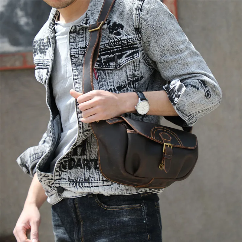 Fashion designer natural crazy horse leather men large-capacity chest bag daily single shoulder messenger real cowhide belt bag