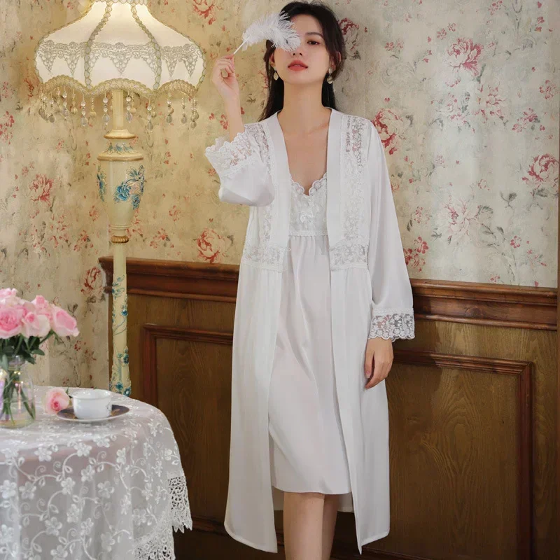 Белая вышитая кружевная одежда для сна с длинными рукавами женская фея