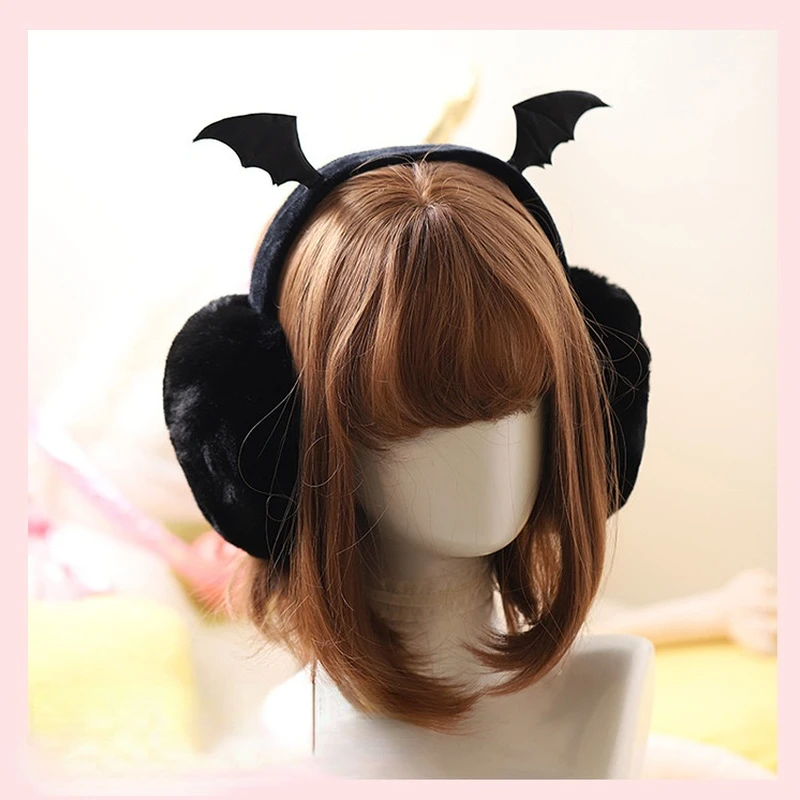 Cute Plush Black Bat Wing Warm Earmuffs Gothic Women's Lolita Dark Girl Warmer Muff Ear Cover Lovely Fold Accessories Headband