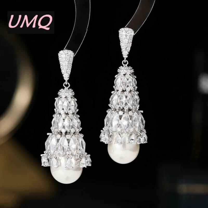 

UMQ Wedding Faux Pearl Earrings for Brides Women Luxury Long White Purple Cubic Zirconia Earring S925 Silver Post Jewelry Party