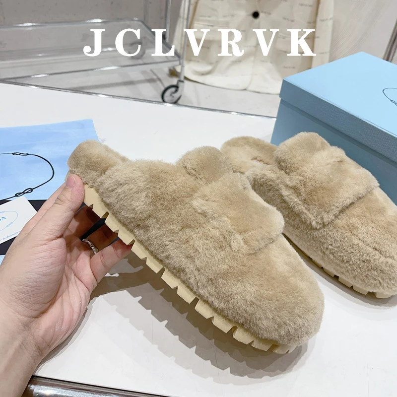 

JCLVRVK Autumn Winter Closed Toe Real Leather Half Slippers Women Flat Thick Sole Wool Lining Slippers Outdoor Vacation Shoes