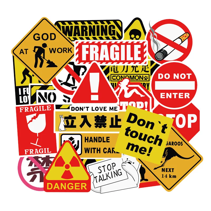 

50Pcs Warning Signs Stickers Danger Banning Reminder for Laptop Motorcycle Bike Luggage Guitar Home Decor DIY Kids Funny Sticker