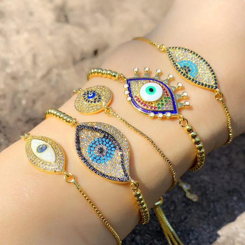 

INS Colorful Cubic Zircon Blue Eye Evil Coin Disc Bracelet Bangle Women CZ Demon Beads Chain Bracelet Adjustable Christmas Gift