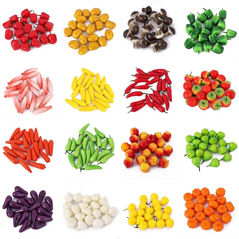 

20pcs 3-4cm Artificial Fake Fruits Foods Vegetables Fake Apple Peach Orange Lemon Pear Banana Pepper Pumpkin Home Decoration