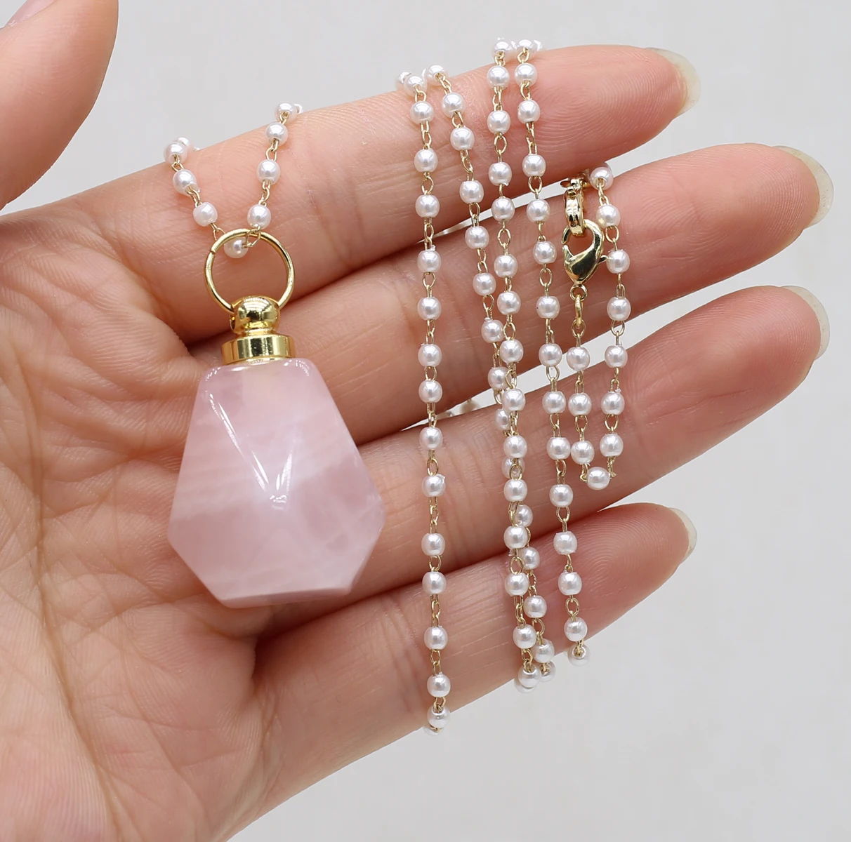 

Natural Stone Pink Necklace Gold Color Chain Good Quality Perfume Bottle Making for Women Necklace Jewelry Reiki Heal Gifts