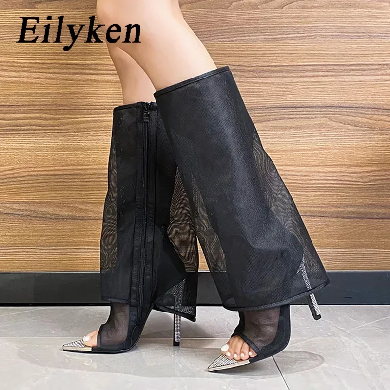 

Eilyken/Дизайнерские сетчатые босоножки до колена; Очень светильник удобные женские туфли-лодочки с открытым носком для вечеринки и выпускного вечера; Пикантная обувь на тонком высоком каблуке