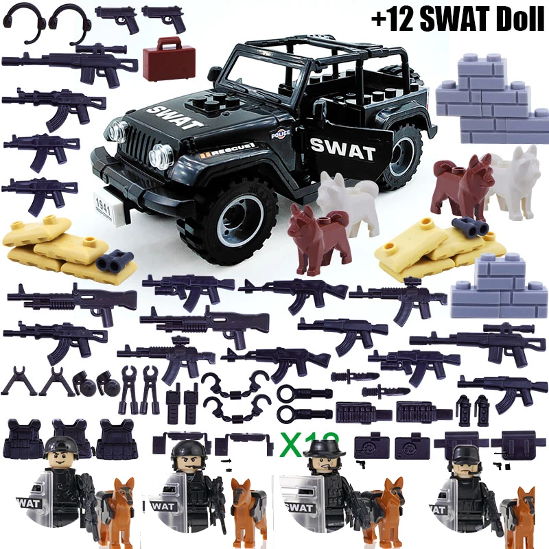 

WW2 Military Toy Building Block SWAT with Jeep Weapon City Police Special Force Army Soldier Mini Doll Figure Brick Gift To Boy