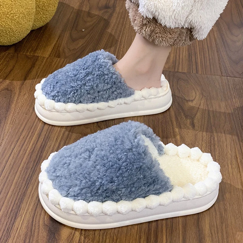 

Fluffy Fur Slippers Women Winter Warm Closed Toe Plush Home Slippers House Indoor Kawaii Flat Cute Slides Shoes Soft Fuzzy