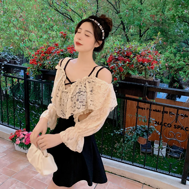 

2022 New Swimsuit Female Ins Dongdaemun Conservative Skirt One-Piece Small Size Sexy Long Sleeve Hot Spring Bathing Swimsuit