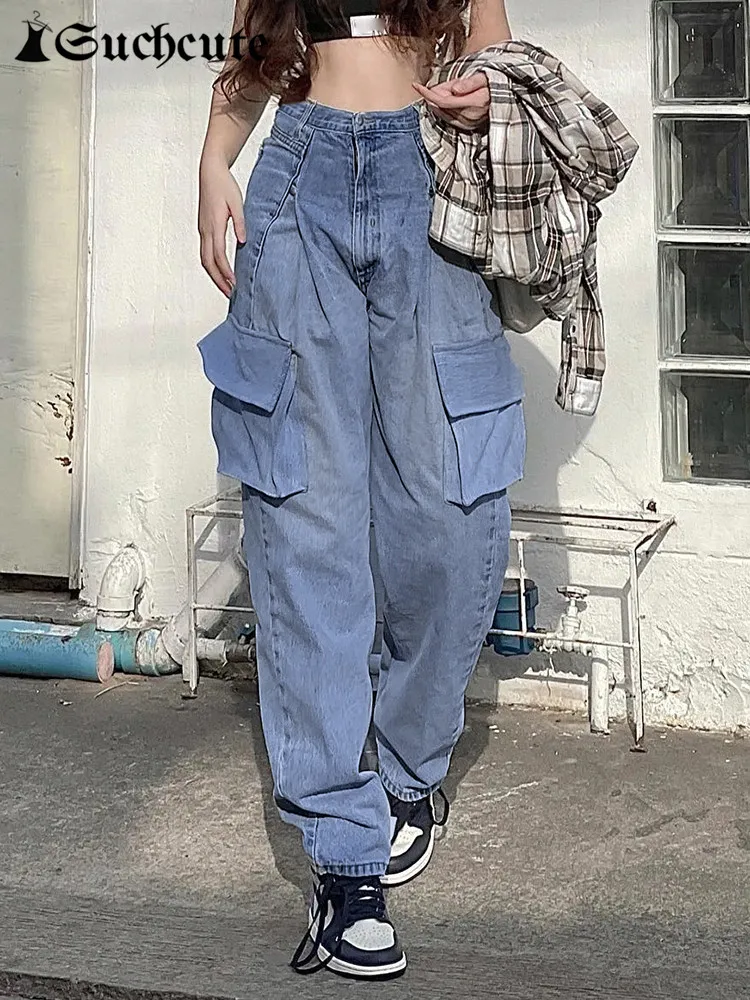 

SUCHCUTE Streetwear Pockets Patchwork Cargo Jeans Women Aesthetic High Waist Wide Leg Pant Korean Vintage Blue Denim Trousers