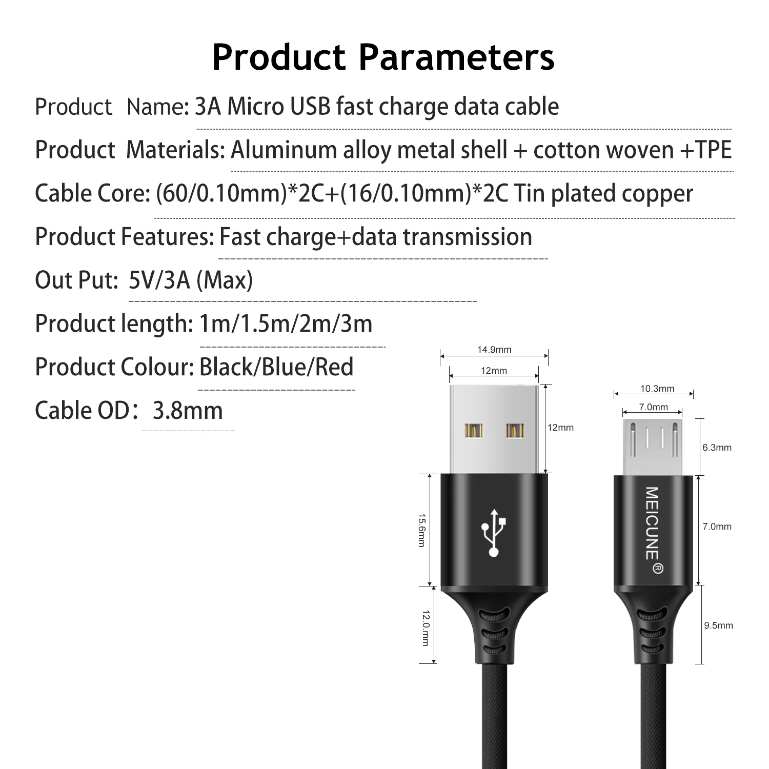 Кабель Micro USB 3 А 2 м 1 для передачи данных и быстрой зарядки Android |