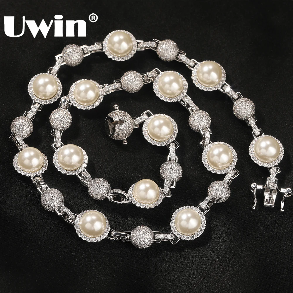 UWIN 13 mm Round Pearls CZ Chain Necklaces for Women Iced Out Cluster Cubic Zircon Beads Necklaces Fashion Jewelry for Gift
